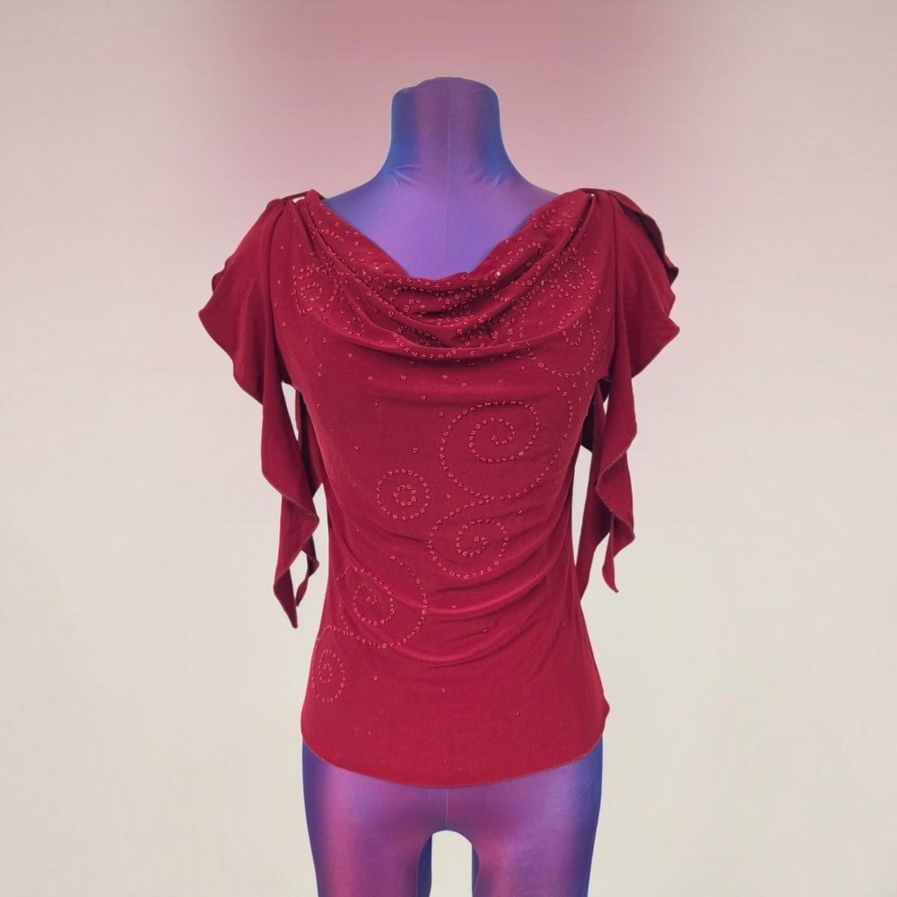 One Heart Burgundy Beaded Cowl Neck Flutter Sleeve Top Large Made in USA Y2K